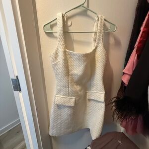 Cream Textured Mini Dress with Front Pockets